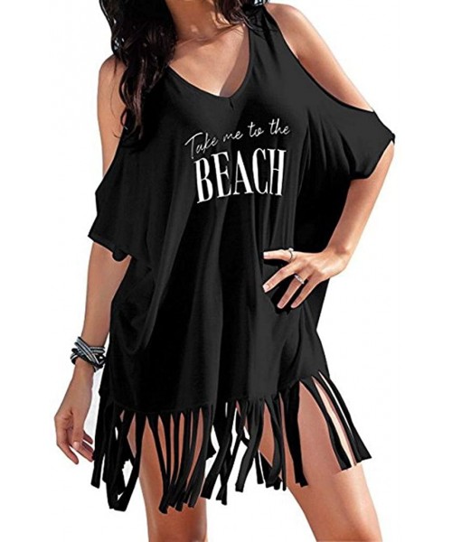 Cover-Ups Women's Dress-Tassel Off Shoulder Dress Print Baggy Bikini Cover Summer Loose Beach Dress - Black - CY18CCI25IC