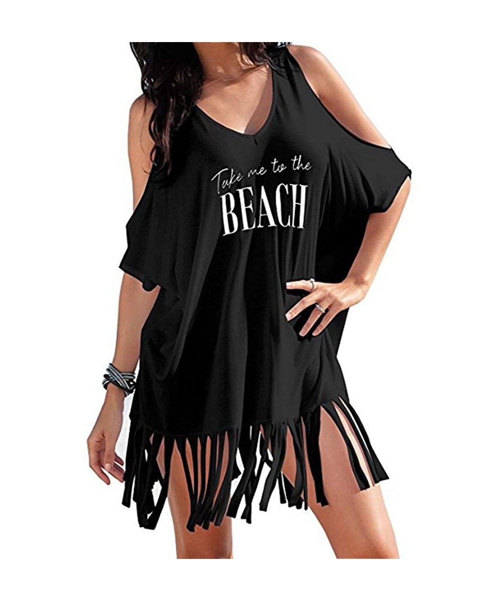 Cover-Ups Women's Dress-Tassel Off Shoulder Dress Print Baggy Bikini Cover Summer Loose Beach Dress - Black - CY18CCI25IC