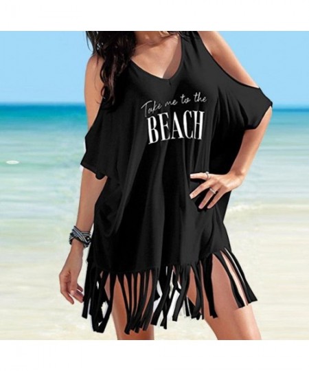 Cover-Ups Women's Dress-Tassel Off Shoulder Dress Print Baggy Bikini Cover Summer Loose Beach Dress - Black - CY18CCI25IC