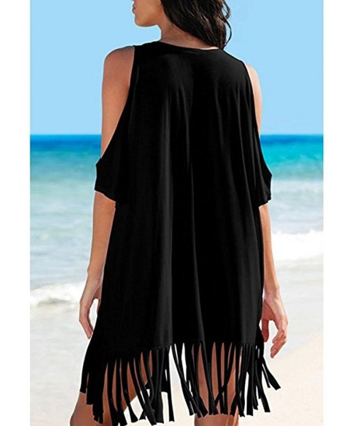 Cover-Ups Women's Dress-Tassel Off Shoulder Dress Print Baggy Bikini Cover Summer Loose Beach Dress - Black - CY18CCI25IC