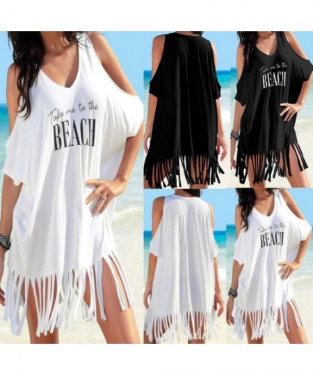 Cover-Ups Women's Dress-Tassel Off Shoulder Dress Print Baggy Bikini Cover Summer Loose Beach Dress - Black - CY18CCI25IC