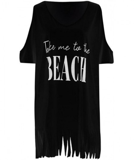 Cover-Ups Women's Dress-Tassel Off Shoulder Dress Print Baggy Bikini Cover Summer Loose Beach Dress - Black - CY18CCI25IC