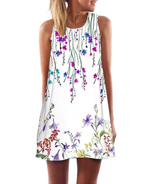 Cover-Ups Vintage Boho Dress Women Summer Casual 3D Floral Printes T Shirt Dress Fashoin Sleeveless Tank Mini Dresses K white...