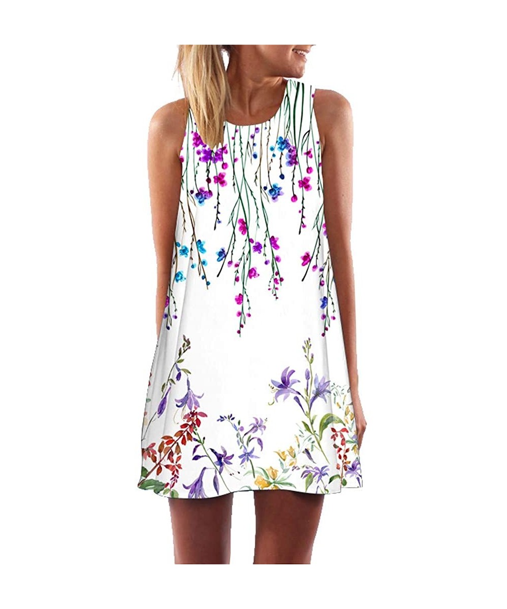 Cover-Ups Vintage Boho Dress Women Summer Casual 3D Floral Printes T Shirt Dress Fashoin Sleeveless Tank Mini Dresses K white...