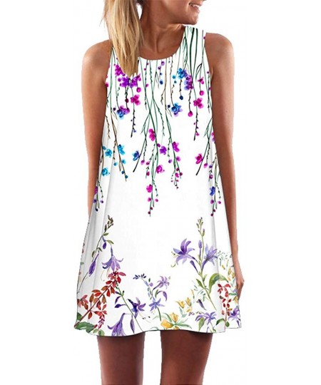 Cover-Ups Vintage Boho Dress Women Summer Casual 3D Floral Printes T Shirt Dress Fashoin Sleeveless Tank Mini Dresses K white...