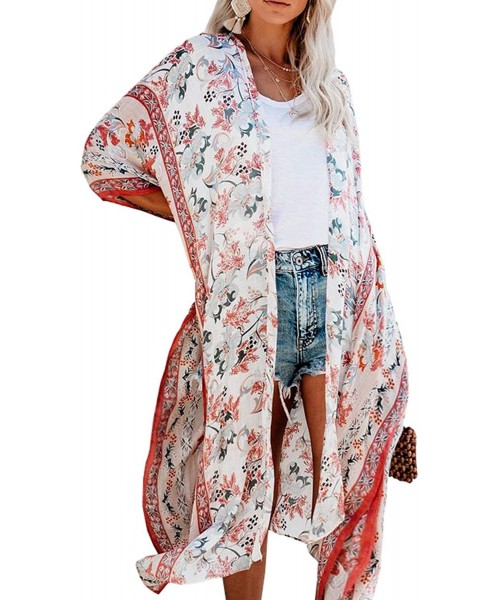 Cover-Ups Women's Sheer Kimono Cardigans Floral Chiffon Loose Swimsuit Long Cover ups - 4- Fp - CD18ZDCXKAU