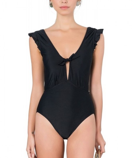 One-Pieces Women's Ruffle Sleeve Detail with Low V-Back One Piece Swimsuit - Black - C0180A22WOW