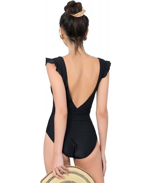 One-Pieces Women's Ruffle Sleeve Detail with Low V-Back One Piece Swimsuit - Black - C0180A22WOW