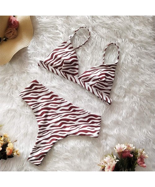 Sets Women's Two Piece Sexy Leopard Snake Print High Waist Swimwear Push Up Thong Bikini Swimsuit - Zebra - C818QAXLY4A