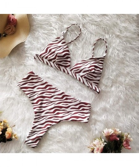 Sets Women's Two Piece Sexy Leopard Snake Print High Waist Swimwear Push Up Thong Bikini Swimsuit - Zebra - C818QAXLY4A