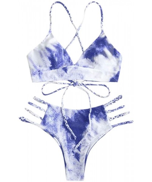 Sets Women's Tie Dye Swimsuit Set 2 Piece Sexy Bathing Suit Bikini Thong Swimwear Strap Cross Bikini - B Purple - C219C6OX9C7