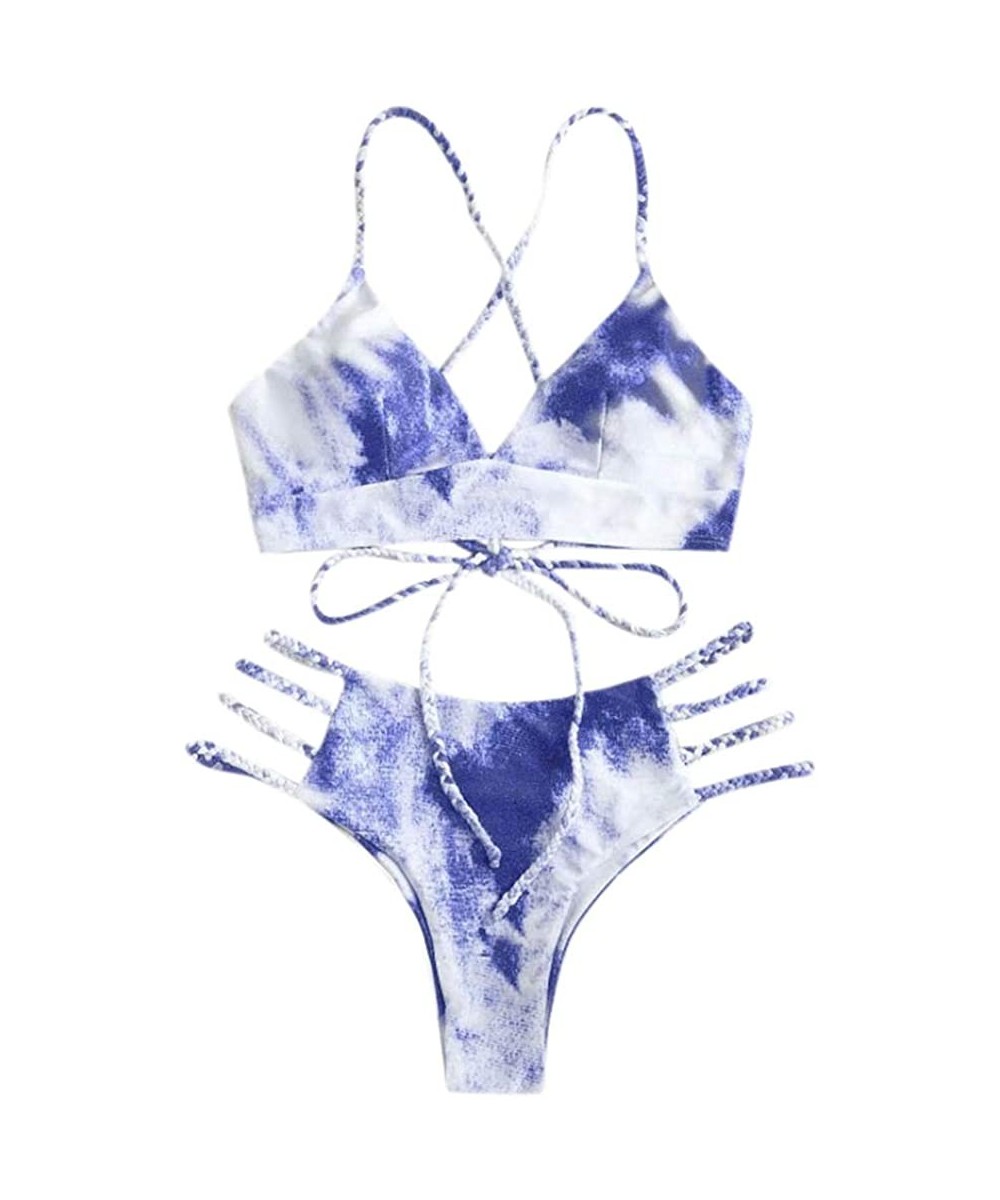 Sets Women's Tie Dye Swimsuit Set 2 Piece Sexy Bathing Suit Bikini Thong Swimwear Strap Cross Bikini - B Purple - C219C6OX9C7