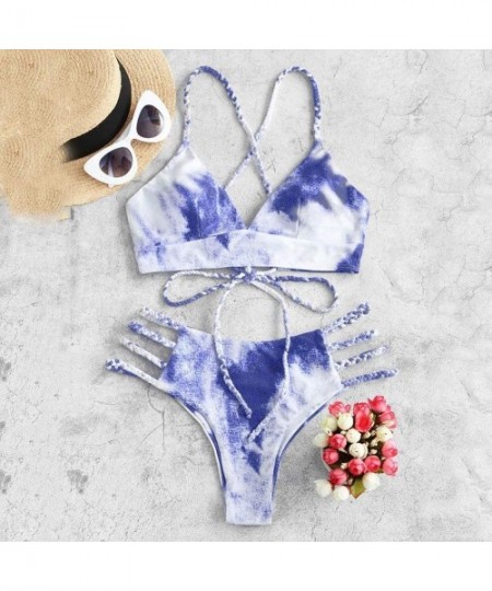 Sets Women's Tie Dye Swimsuit Set 2 Piece Sexy Bathing Suit Bikini Thong Swimwear Strap Cross Bikini - B Purple - C219C6OX9C7