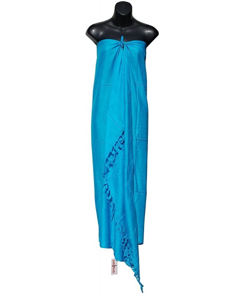 Cover-Ups Plain Turquoise Blue Sarong Cover-up Beach Wrap Soft Rayon Free Coconut Tying Button - CE1853LCWQT