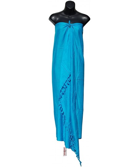 Cover-Ups Plain Turquoise Blue Sarong Cover-up Beach Wrap Soft Rayon Free Coconut Tying Button - CE1853LCWQT