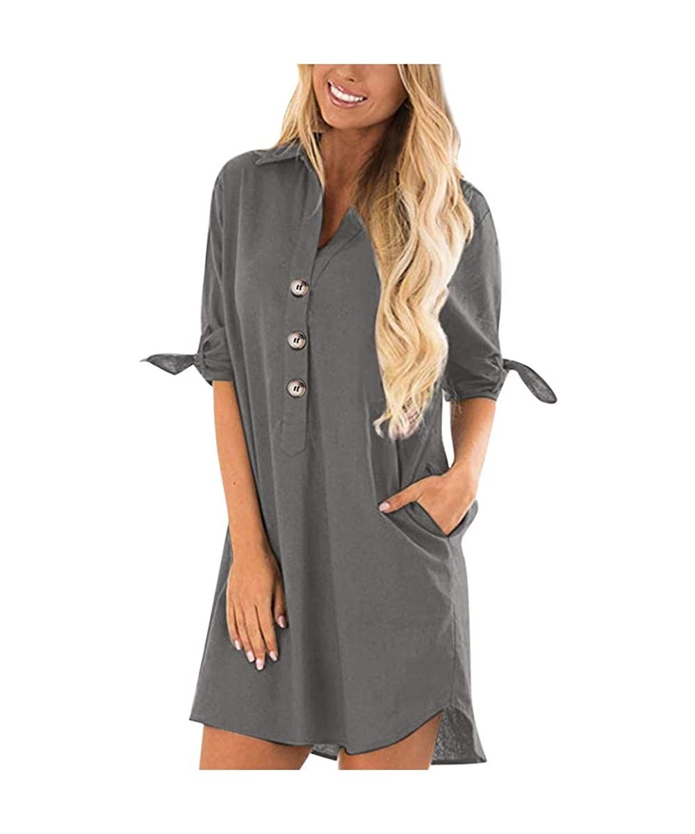 Cover-Ups Summer Dresses for Women Half Sleeves T Shirts Solid Crew Neck Tunics Self tie Blouses Mini Dresses Sundress I gray...