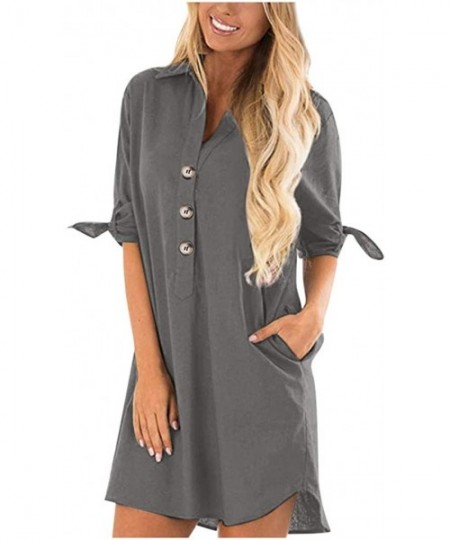 Cover-Ups Summer Dresses for Women Half Sleeves T Shirts Solid Crew Neck Tunics Self tie Blouses Mini Dresses Sundress I gray...