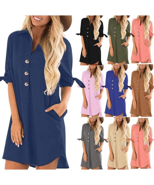 Cover-Ups Summer Dresses for Women Half Sleeves T Shirts Solid Crew Neck Tunics Self tie Blouses Mini Dresses Sundress I gray...