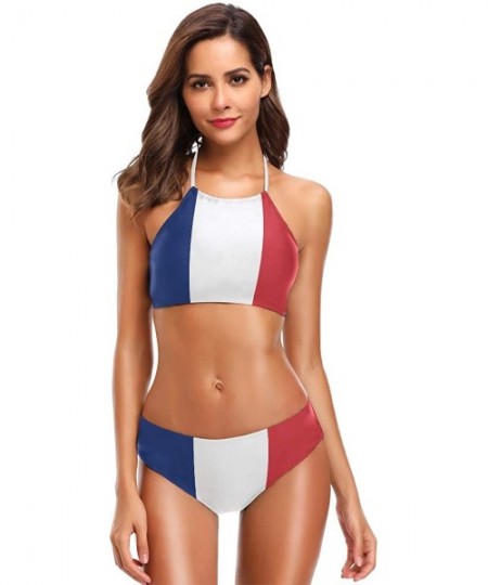 One-Pieces Women's Summer Beach Autism Awareness American Flag 2 Piece Halter Neack High Waist Padded Sexy Swimsuit France Fl...