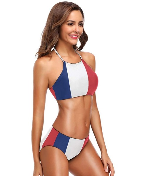 One-Pieces Women's Summer Beach Autism Awareness American Flag 2 Piece Halter Neack High Waist Padded Sexy Swimsuit France Fl...