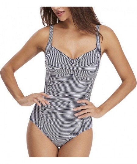 One-Pieces Women One-Piece Swimsuits Tummy Control Bathing Suits Cute Modest Swimwear - Blue Stripe - CQ18QNCGZTQ