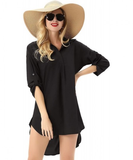 Cover-Ups Women's Sexy Sleep Shirts Mesh Long Sleeve Swimwear Cover Up Sheer Blouse Lingerie S-XXL - Black1 - CV194IWIGTX