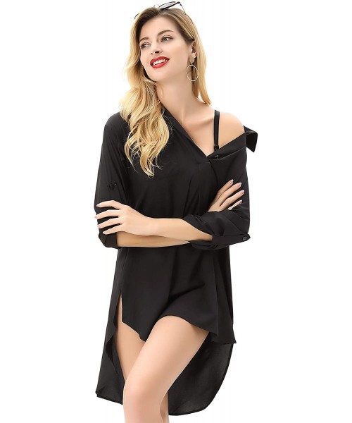 Cover-Ups Women's Sexy Sleep Shirts Mesh Long Sleeve Swimwear Cover Up Sheer Blouse Lingerie S-XXL - Black1 - CV194IWIGTX