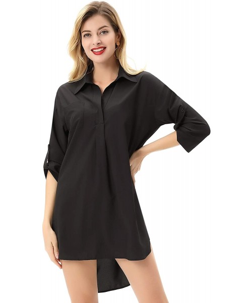 Cover-Ups Women's Sexy Sleep Shirts Mesh Long Sleeve Swimwear Cover Up Sheer Blouse Lingerie S-XXL - Black1 - CV194IWIGTX