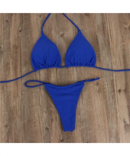 Sets Women's Sexy Halter Bikini Set Solid Brazilian Swimwear Padded Thong Triangle Bikini Two Pieces Swimsuit - Blue - CF1966...