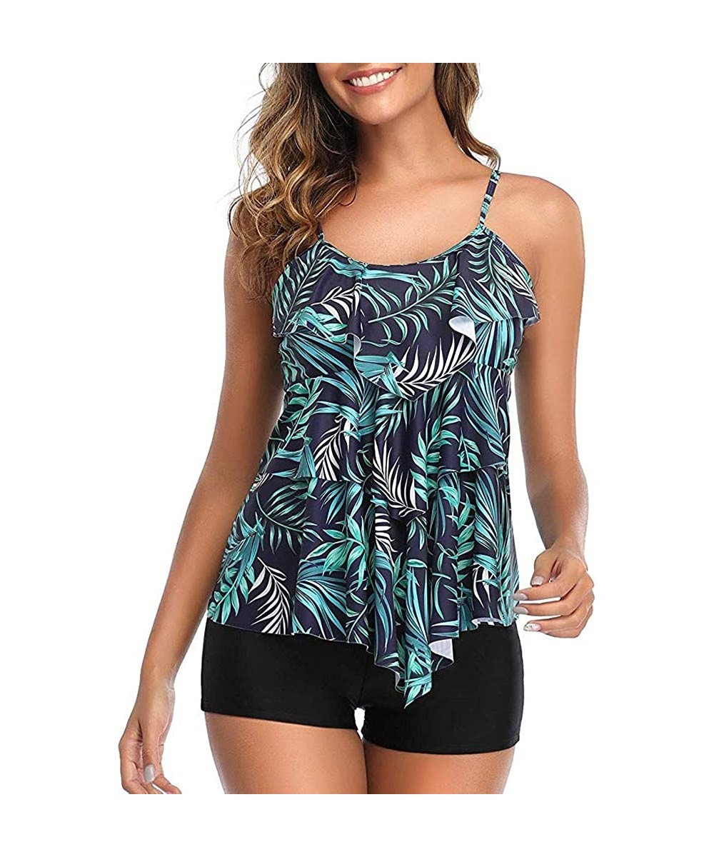 Tankinis Women 2 Piece Layered Flounce Printed Tank Top with Boyshorts Tankini Set Bathing Suits Swimsuit - Navy Tropical - C...