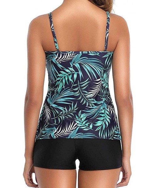 Tankinis Women 2 Piece Layered Flounce Printed Tank Top with Boyshorts Tankini Set Bathing Suits Swimsuit - Navy Tropical - C...