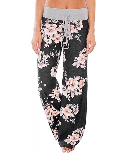 Tankinis Women's Comfy Casual Pajama Pants Floral Print Drawstring Palazzo Lounge Pants Wide Leg - Black - C818W30TXX9