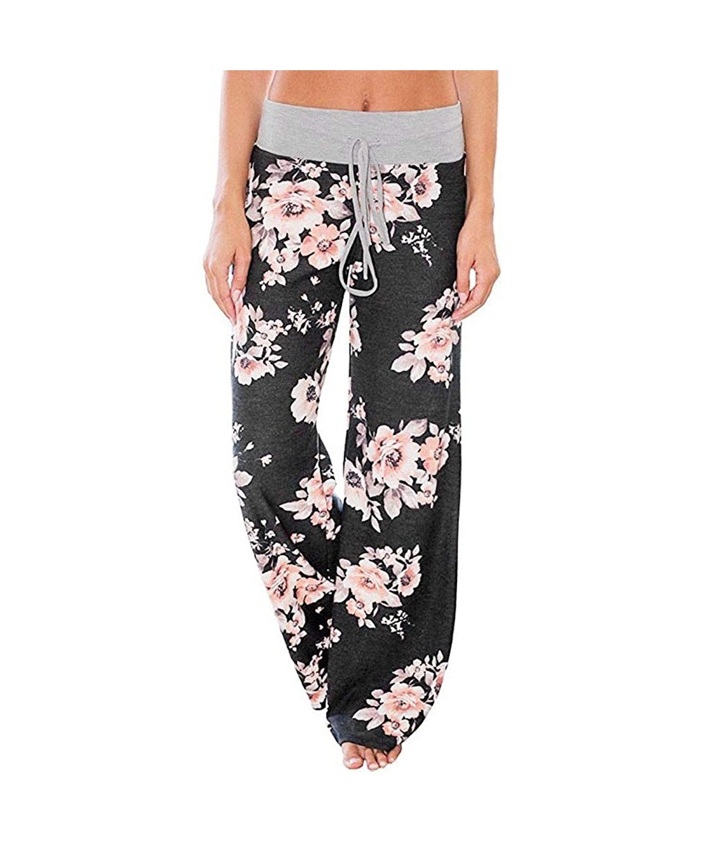 Tankinis Women's Comfy Casual Pajama Pants Floral Print Drawstring Palazzo Lounge Pants Wide Leg - Black - C818W30TXX9