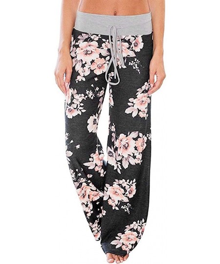 Tankinis Women's Comfy Casual Pajama Pants Floral Print Drawstring Palazzo Lounge Pants Wide Leg - Black - C818W30TXX9