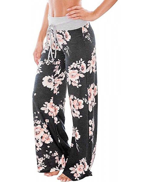 Tankinis Women's Comfy Casual Pajama Pants Floral Print Drawstring Palazzo Lounge Pants Wide Leg - Black - C818W30TXX9