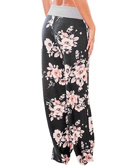 Tankinis Women's Comfy Casual Pajama Pants Floral Print Drawstring Palazzo Lounge Pants Wide Leg - Black - C818W30TXX9