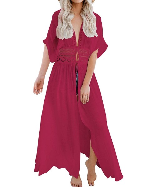 Cover-Ups Womens Long Lace Cover up Sheer Bikini Coverups Kimono Tie Front Bathing Suit Swimsuit Beachwear - Ruby - CL19D32STU9