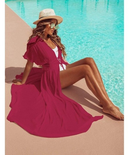 Cover-Ups Womens Long Lace Cover up Sheer Bikini Coverups Kimono Tie Front Bathing Suit Swimsuit Beachwear - Ruby - CL19D32STU9