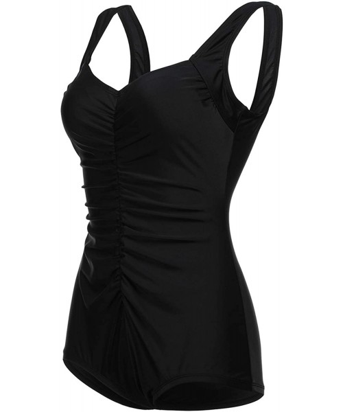 One-Pieces Womens' One Piece Boyleg Swimsuits Solid Black Vintage Ruched Slimming Bathing Suits - Black - CA18RDQIM66