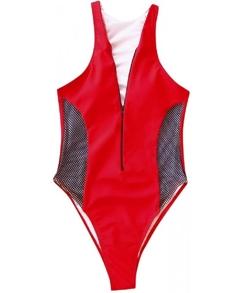 One-Pieces Women One Piece Front Zipper Deep V Neck Sheer Mesh Fishnet Swimsuit Swimwear Padded Monokini Bikini Bathing Red -...