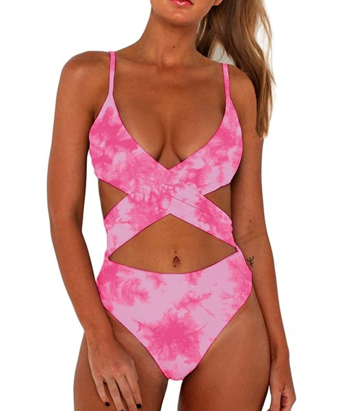 Sets Women's Sexy Criss Cross High Waisted Cut Out One Piece Monokini Swimsuit - Pink-tie Dye1 - CU194HQ5DST