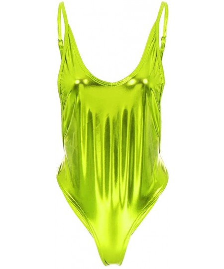 One-Pieces Women's Metallic One Piece High Cut Low U Back Bodysuit Swimsuit Leotard Monokini Swimwear Bathing Suit Apple Gree...