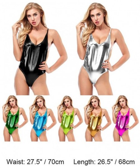 One-Pieces Women's Metallic One Piece High Cut Low U Back Bodysuit Swimsuit Leotard Monokini Swimwear Bathing Suit Apple Gree...