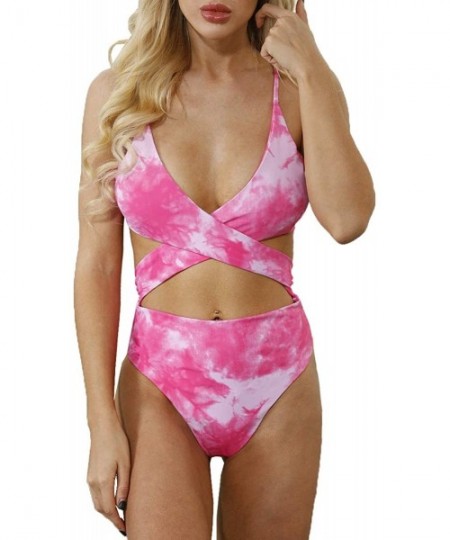 Sets Women's Sexy Criss Cross High Waisted Cut Out One Piece Monokini Swimsuit - Pink-tie Dye1 - CU194HQ5DST