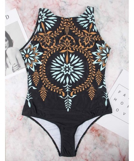 One-Pieces One Piece Bathing Suit High Neck Swimsuit Floral Print Swimwear for Women - Black - CX18SRSXEXE