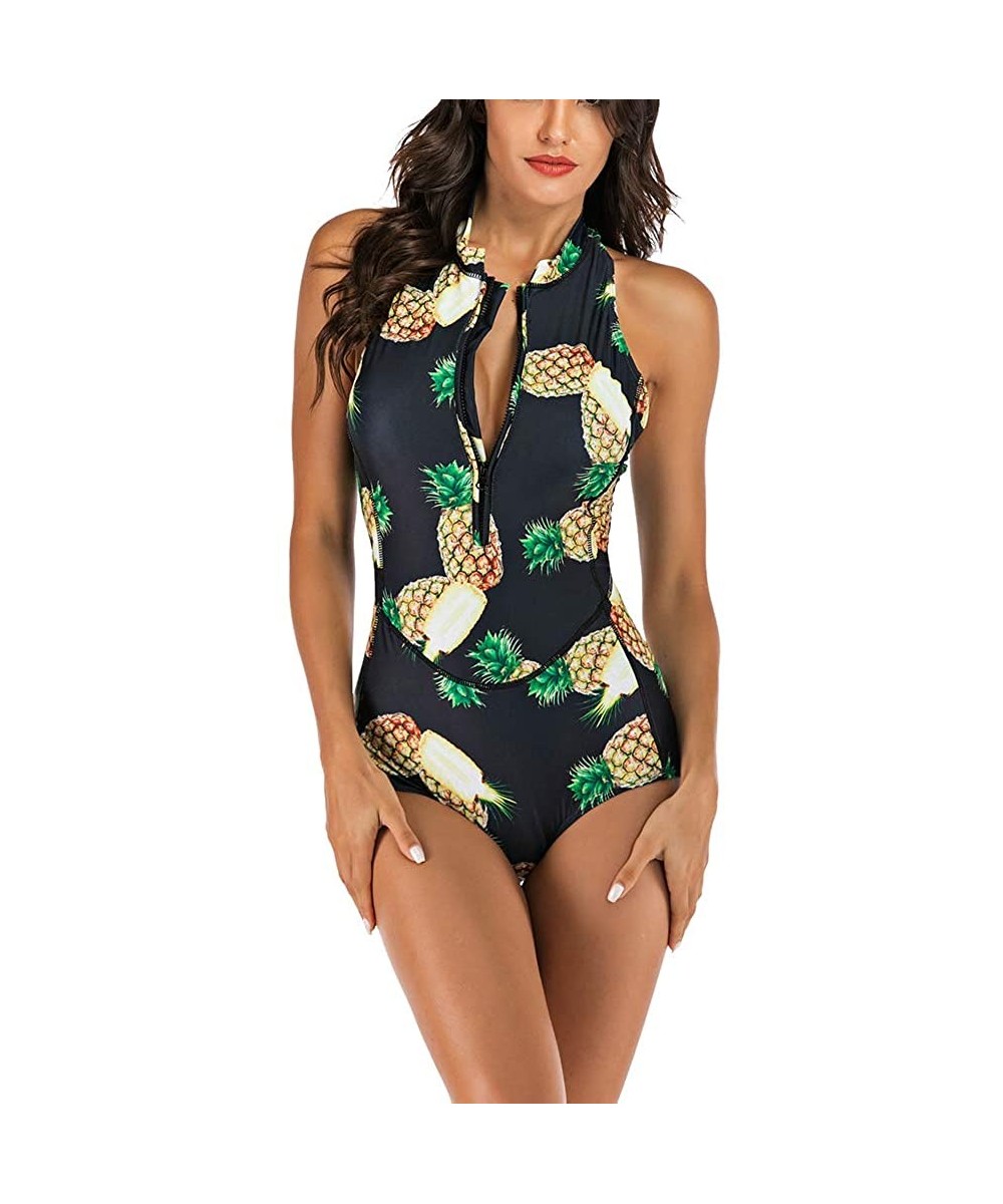 One-Pieces Women's Sleeveless Zip Up Racerback Printed Rash Guard One Piece Swimsuit Athletic Swimwear - B-pineapple Printed ...