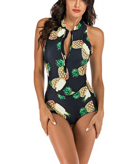 One-Pieces Women's Sleeveless Zip Up Racerback Printed Rash Guard One Piece Swimsuit Athletic Swimwear - B-pineapple Printed ...