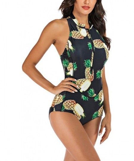 One-Pieces Women's Sleeveless Zip Up Racerback Printed Rash Guard One Piece Swimsuit Athletic Swimwear - B-pineapple Printed ...