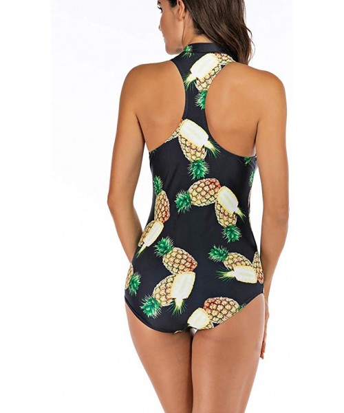 One-Pieces Women's Sleeveless Zip Up Racerback Printed Rash Guard One Piece Swimsuit Athletic Swimwear - B-pineapple Printed ...