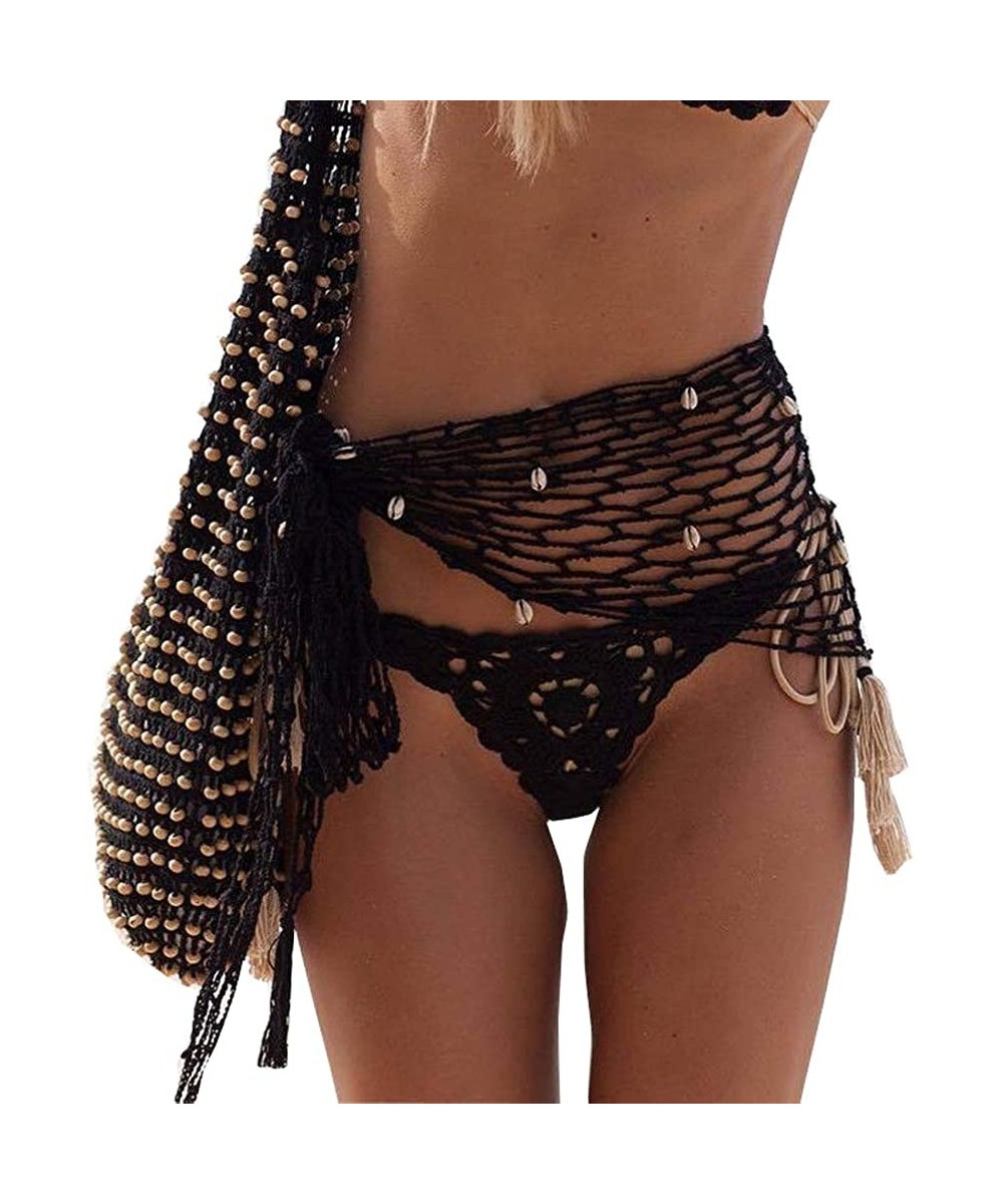 Cover-Ups Women Crochet Beach Cover Up Sarong Wrap with Shells Fishnet Bikini Cover Up Shell Beach Scarf Mesh Swimwear Scarve...